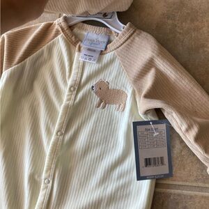 Soft cozy teddy bear footie with fluffy pompom hat